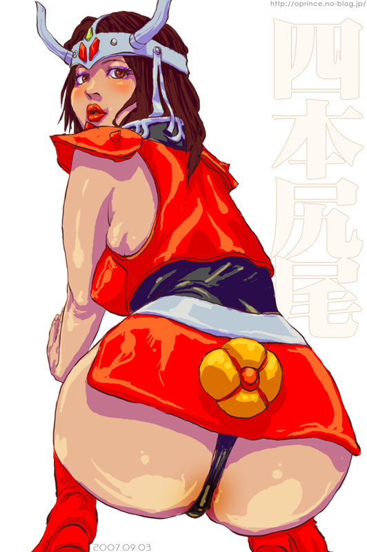oprince, engine sentai go-onger, super sentai, ass, blush, brown eyes, brown hair, eyeshadow, headdress, latex, lipstick, looking back, makeup, solo, tokusatsu