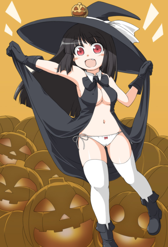 naitou kouse, 1girl, breasts, cleavage, female focus, gloves, hat, navel, panties, side-tie panties, solo, thighhighs, underwear, white thighhighs, witch hat