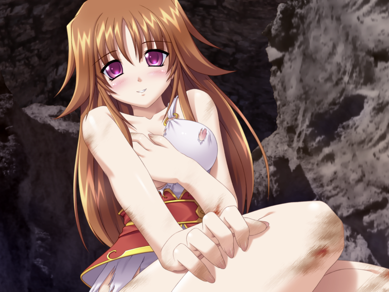 sawano takaji, branmarker, game cg, 1girl, blush, breasts, brown hair, female focus, injury, large breasts, long hair, purple eyes, smile, solo, torn clothes