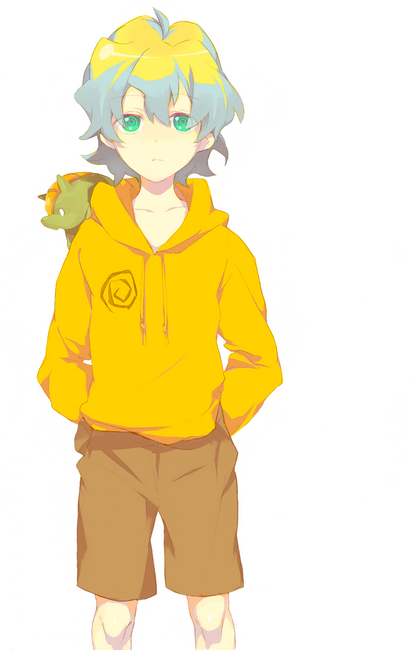 kazuko, guame, lordgenome, tengen toppa gurren lagann, tengen toppa gurren lagann: parallel works, 00s, 1boy, aged down, ahoge, androgynous, blonde hair, blue hair, collarbone, green eyes, hood, hoodie, male focus, multicolored hair, ringed eyes, short hair, shorts, simple background, solo, white background