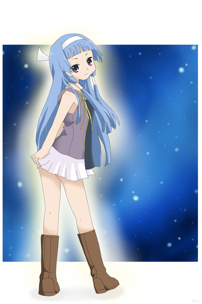 nagi, kannagi, highres, 00s, 1girl, blue hair, blunt bangs, female focus, hair tubes, hairband, long hair, pleated skirt, purple eyes, skirt, solo, white skirt