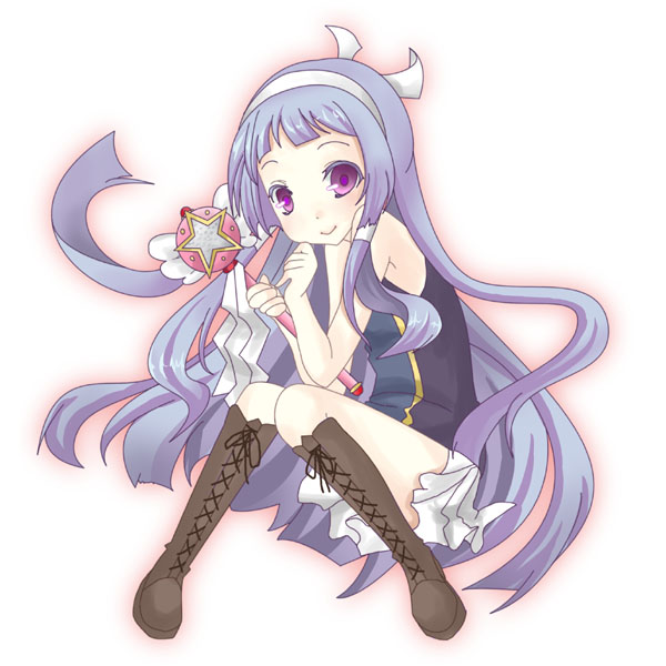 nagi, kannagi, 00s, 1girl, blue hair, blunt bangs, female focus, hairband, long hair, pleated skirt, purple eyes, skirt, solo, wand, white skirt