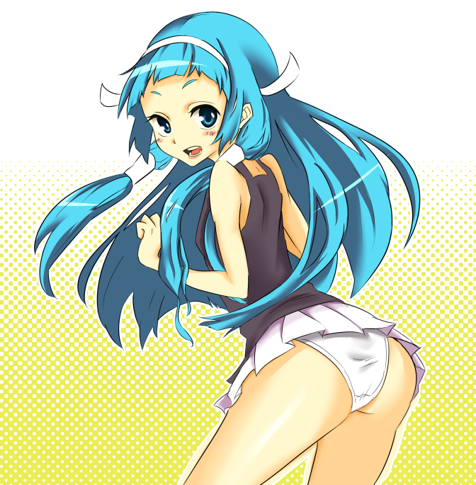nagi, kannagi, 00s, 1girl, ass, blue hair, blunt bangs, female focus, hair tubes, hairband, long hair, panties, pantyshot, pleated skirt, skirt, solo, underwear, white panties, white skirt