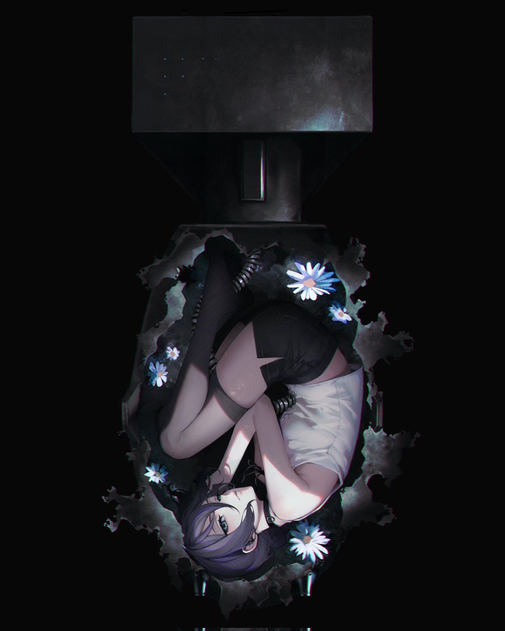 siiar (lvlcmxcix), reze (chainsaw man), chainsaw man, commentary, hashtag-only commentary, highres, symbol-only commentary, 1girl, armpits, black choker, black shoes, black shorts, choker, fetal position, flower, green eyes, shirt, shoes, short hair, shorts, sidelocks, sleeveless, sleeveless shirt, swept bangs, white flower, white shirt