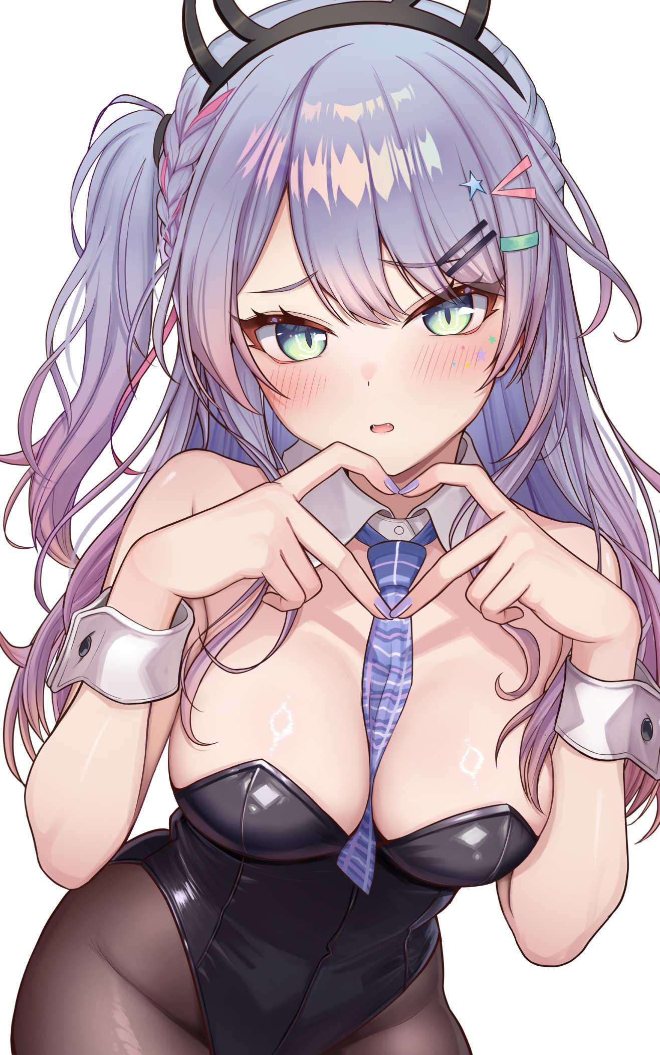 daysss, original, highres, 1girl, bare shoulders, between breasts, black leotard, black pantyhose, blush, braid, breasts, cleavage, finger heart, green eyes, grey hair, hair ornament, hairclip, large breasts, leotard, long hair, looking at viewer, multicolored hair, nail polish, necktie, necktie between breasts, pantyhose, playboy bunny, purple hair, purple nails, simple background, smile, solo, white background, wrist cuffs