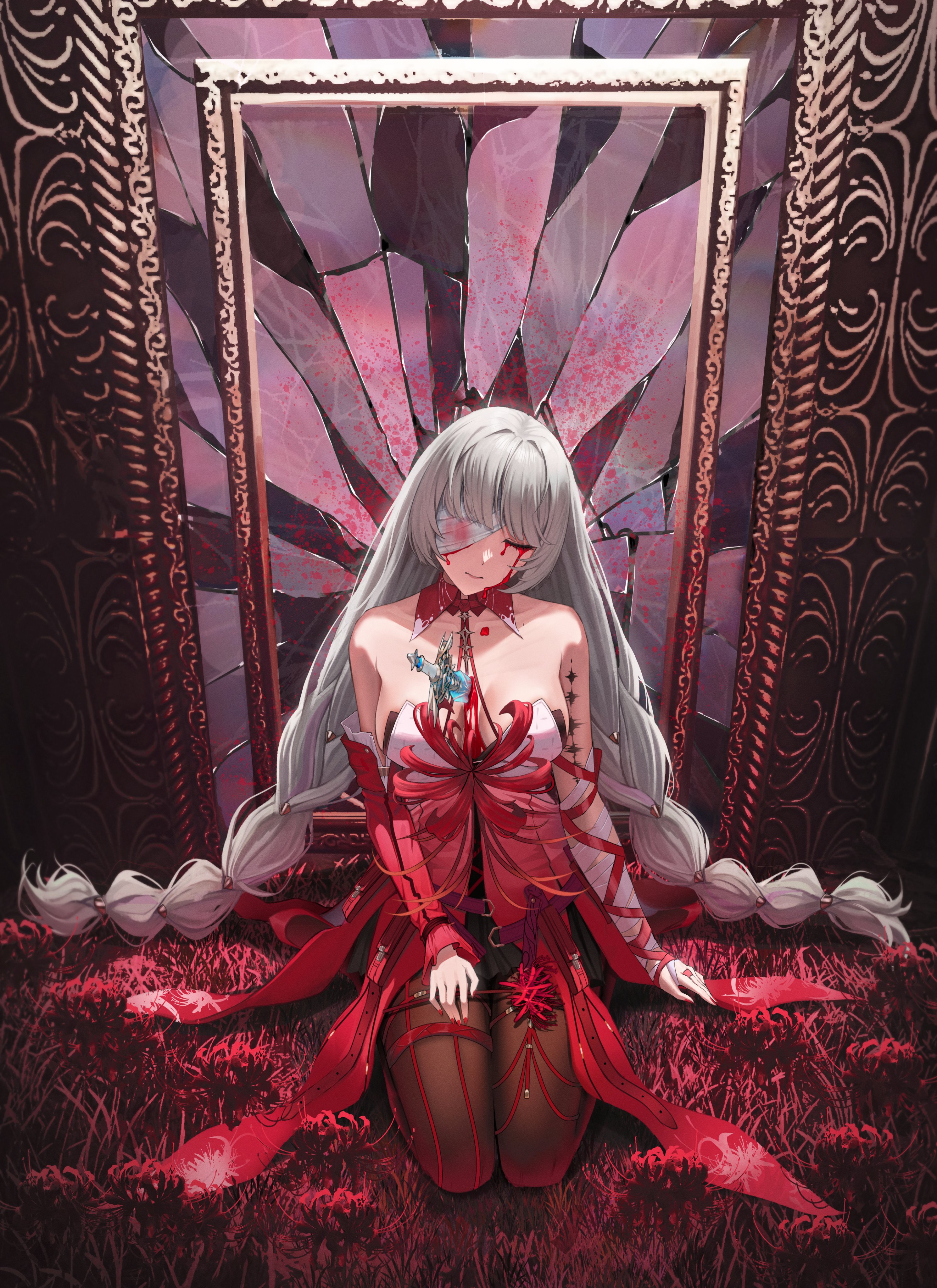 chco, phrolova (wuthering waves), wuthering waves, absurdres, commentary, highres, revision, symbol-only commentary, 1girl, bandage over one eye, bandaged arm, bandages, bare shoulders, black pantyhose, black skirt, blood, bloody tears, braid, breasts, broken glass, cleavage, closed eyes, closed mouth, collarbone, detached sleeves, dress, glass, grey hair, halter dress, halterneck, long hair, low twin braids, medium breasts, pantyhose, red dress, seiza, single detached sleeve, sitting, skirt, solo, tacet mark (wuthering waves), twin braids, very long hair