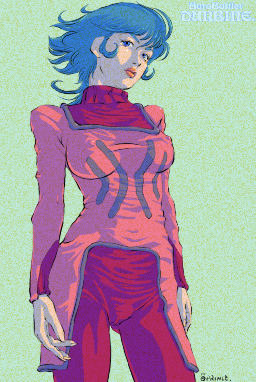 oprince, seisenshi dunbine, 1980s (style), 1girl, blue eyes, blue hair, breasts, covered erect nipples, female focus, lipstick, makeup, matching hair/eyes, medium breasts, oldschool, retro artstyle, solo, turtleneck