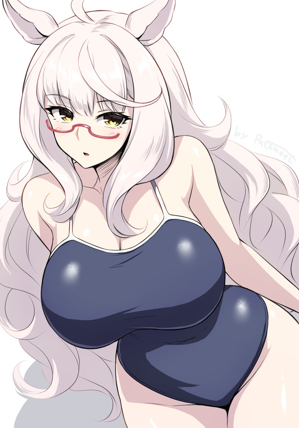 pataneet, biwa hayahide (umamusume), umamusume, highres, 1girl, ahoge, animal ears, blue one-piece swimsuit, breasts, competition school swimsuit, cowboy shot, glasses, horse ears, horse girl, large breasts, long hair, looking at viewer, one-piece swimsuit, red-framed eyewear, school swimsuit, semi-rimless eyewear, simple background, solo, swimsuit, under-rim eyewear, very long hair, wavy hair, white background, white hair