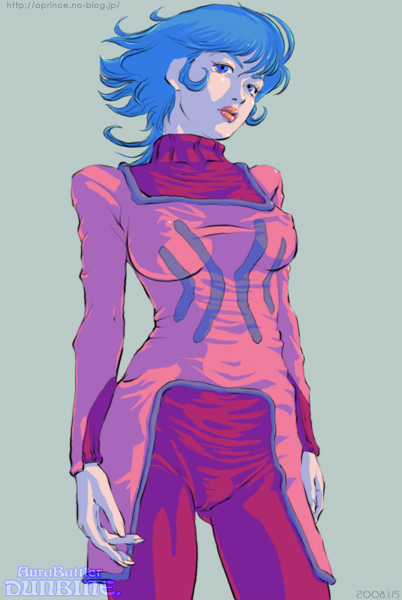 oprince, seisenshi dunbine, 1980s (style), 1girl, blue eyes, blue hair, breasts, covered erect nipples, female focus, lipstick, makeup, matching hair/eyes, medium breasts, oldschool, retro artstyle, solo, turtleneck
