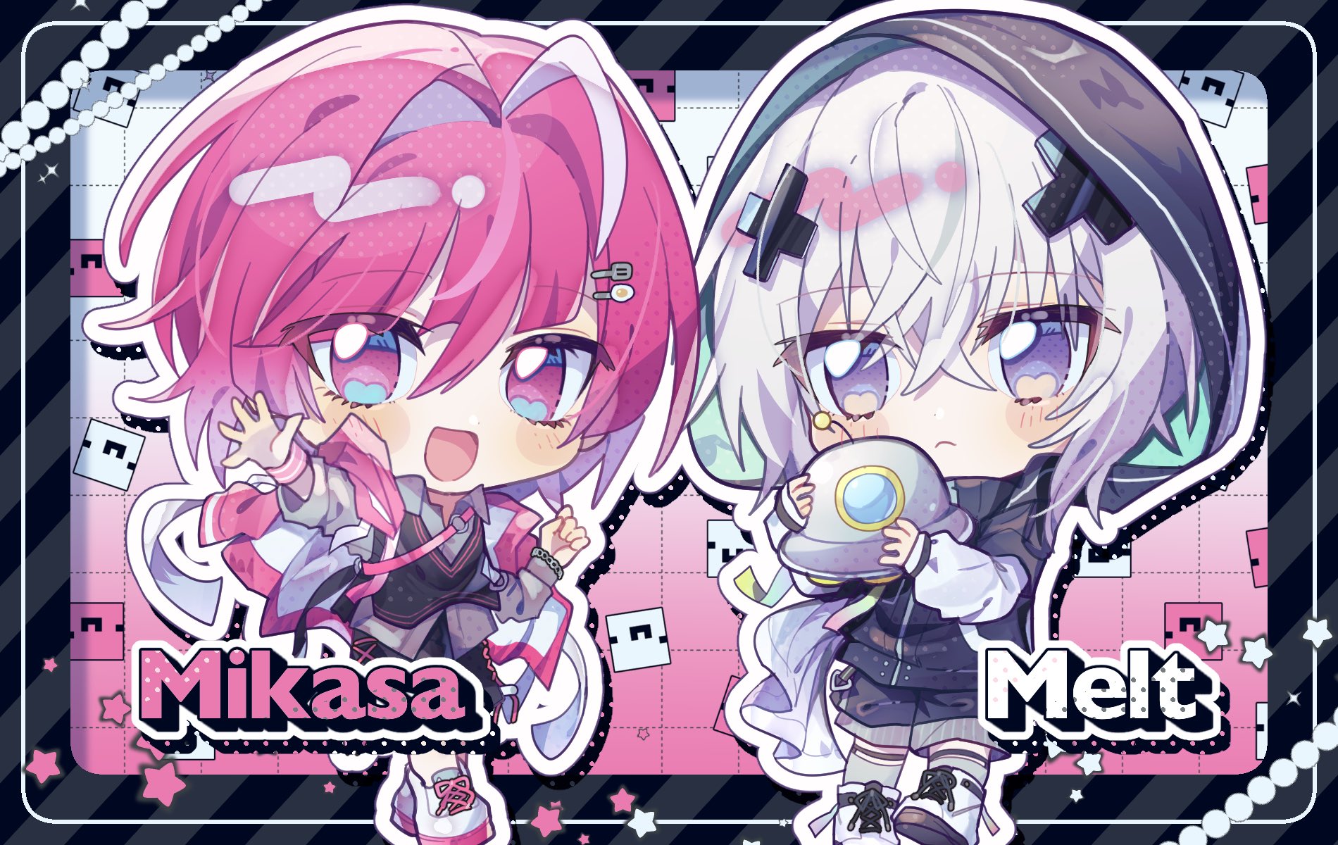 commentary, highres, 2boys, ahoge, arm up, asymmetrical bangs, black jacket, black sweater vest, blush stickers, character name, chibi, chibi only, clenched hand, closed mouth, dyed ahoge, full body, grey eyes, hair between eyes, hair ornament, hairclip, holding, hood, hood up, hooded jacket, jacket, looking at viewer, male focus, melt (meteorites), meteorites (stpr), mikasa (meteorites), multiple boys, open clothes, open jacket, open mouth, pink eyes, pink hair, pink jacket, pitupituta, short hair, single hair intake, smile, sweater vest, waving, white hair, x hair ornament