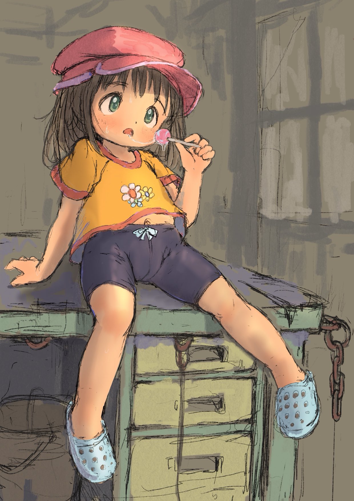 guma, original, highres, 1girl, bike shorts, black shorts, bow shorts, brown eyes, brown hair, candy, desk, food, hat, indoors, lollipop, navel, open mouth, print shirt, red hat, saliva, saliva trail, shirt, shoes, short hair, short sleeves, shorts, sitting, solo, thighs, window, yellow shirt