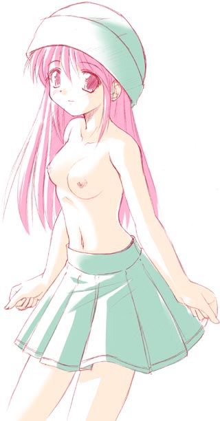 1girl, breasts, female focus, hat, nipples, pink hair, skirt, small breasts, solo, topless female