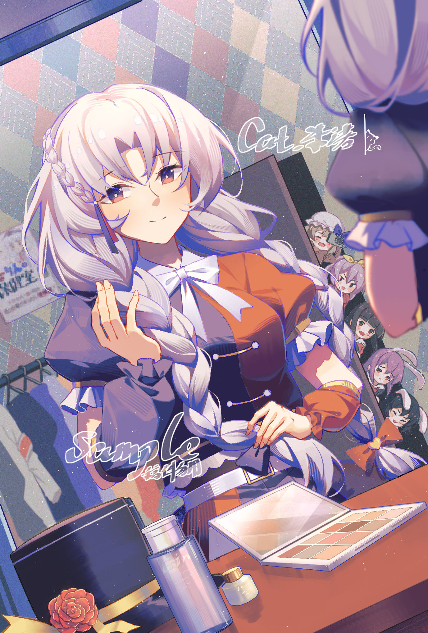 minuo, houraisan kaguya, inaba tewi, reisen udongein inaba, watatsuki no toyohime, watatsuki no yorihime, yagokoro eirin, touhou, chinese commentary, commentary request, highres, 6+girls, animal ears, belt, blonde hair, blush, bow, bowtie, braid, breasts, brown eyes, brown hair, camera, closed mouth, detached sleeves, dress, floppy ears, grey hair, hair ribbon, hat, help me erinnnnnn!!, holding, holding camera, looking at mirror, makeup, makeup palette, mirror, mob cap, multiple girls, no headwear, open mouth, poster (object), puffy short sleeves, puffy sleeves, purple dress, purple hair, rabbit ears, rabbit girl, red dress, reflection, ribbon, short sleeves, siblings, sisters, smile, two-tone dress, unworn clothes, white belt, white bow, white bowtie, white hat, yellow ribbon