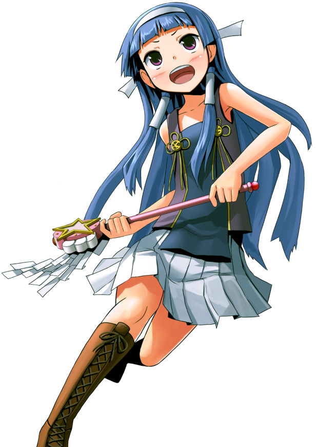 patorishia, patricia (stylish marunage), nagi, kannagi, 00s, 1girl, blue hair, blunt bangs, blush, boots, female focus, flat chest, hairband, hime cut, long hair, purple eyes, sleeveless, solo, wand