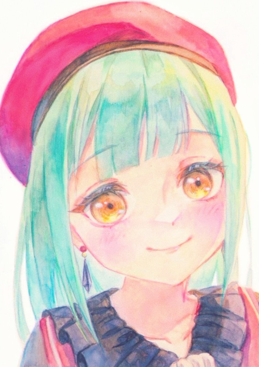 shirohata nagisa, mortis (bang dream!), mortis (costume) (bang dream!), wakaba mutsumi, bang dream!, bang dream! it's mygo!!!!!, commentary, highres, 1girl, animal ears, beret, blush, closed mouth, green hair, hat, long hair, looking at viewer, portrait, red hat, simple background, solo, white background, yellow eyes