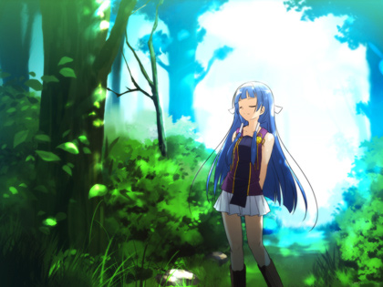 aoisora, aotsuki takao, nagi, kannagi, light, bad id, bad pixiv id, lowres, 00s, 1girl, blunt bangs, closed eyes, female focus, forest, nature, pleated skirt, skirt, solo, tree, white skirt