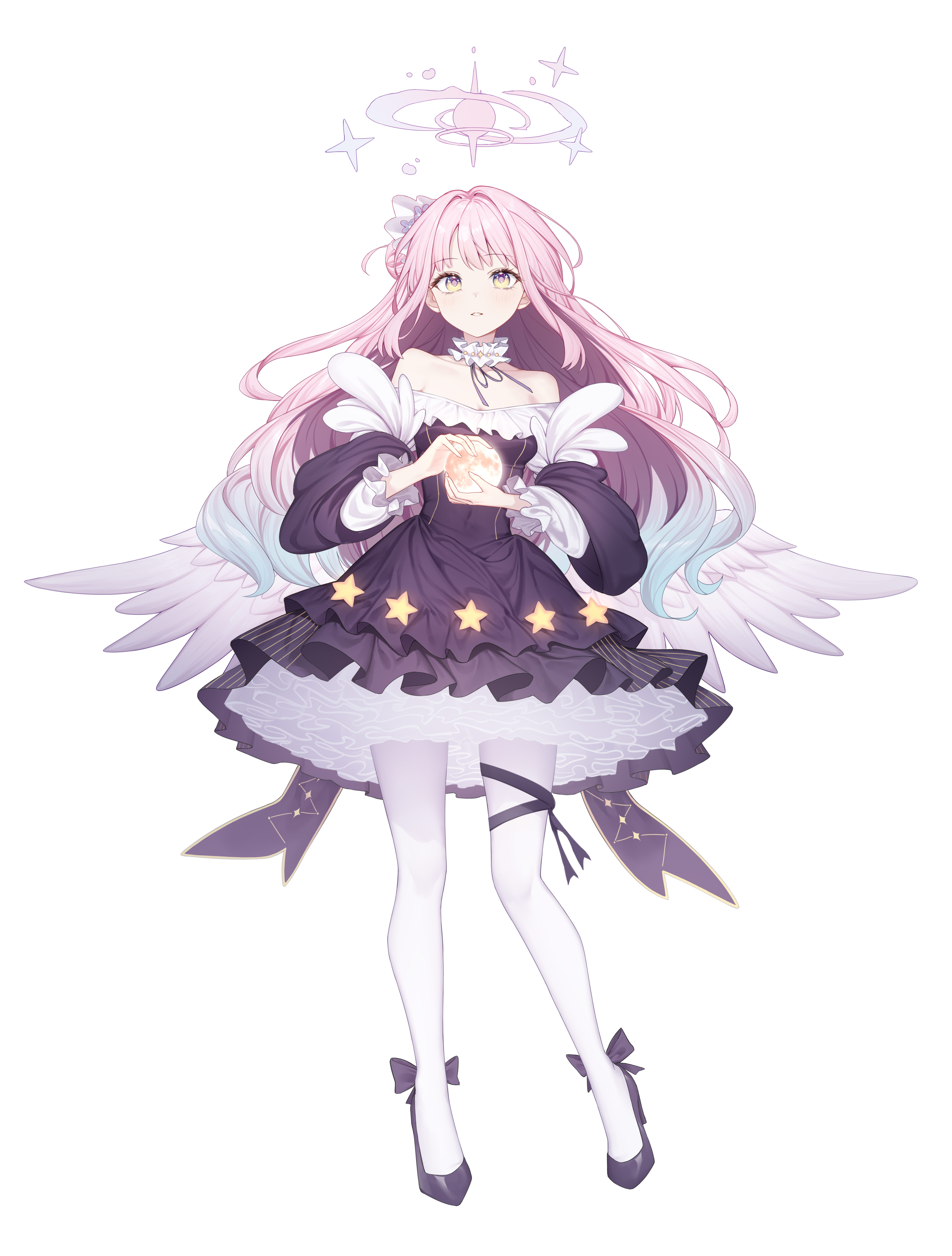 roi (liu tian), mika (blue archive), blue archive, absurdres, highres, 1girl, angel wings, aqua eyes, bare shoulders, collarbone, dress, feathered wings, flower, full body, gradient hair, hair bun, hair flower, hair ornament, halo, high heels, long sleeves, low wings, moon, multicolored hair, pantyhose, parted lips, pink hair, pink halo, pumps, purple dress, purple eyes, simple background, single hair bun, single side bun, solo, white background, white pantyhose, white wings, wings