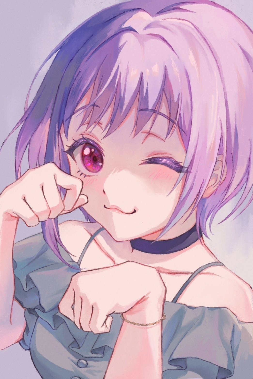 shirohata nagisa, yuutenji nyamu, bang dream!, bang dream! it's mygo!!!!!, commentary, highres, 1girl, :3, black choker, blush, bracelet, choker, collarbone, frilled shirt, frills, grey background, grey shirt, hands up, jewelry, looking at viewer, off-shoulder shirt, off shoulder, one eye closed, paw pose, pink eyes, purple hair, shirt, short hair, solo, upper body