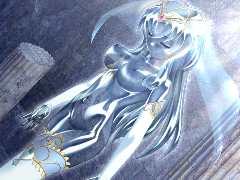 sawano takaji, geena, branmarker, game cg, 1girl, breasts, bridal gauntlets, circlet, closed eyes, crystal, dutch angle, elbow gloves, fantasy, female focus, glass, gloves, large breasts, navel, nipples, petrification, ruins, solo, thighhighs, transparent, veil