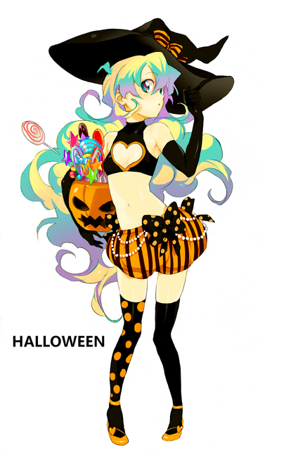 kazuko, nia teppelin, tengen toppa gurren lagann, 00s, 1girl, asymmetrical legwear, bow, candy, elbow gloves, female focus, flat chest, food, full body, gem, gloves, halloween, hat, high heels, lollipop, long hair, mismatched legwear, multicolored hair, patterned legwear, pearl (gemstone), pigeon-toed, polka dot, polka dot legwear, ribbon, shoes, simple background, solo, striped ribbon, swirl lollipop, thighhighs, vertical stripes, witch hat