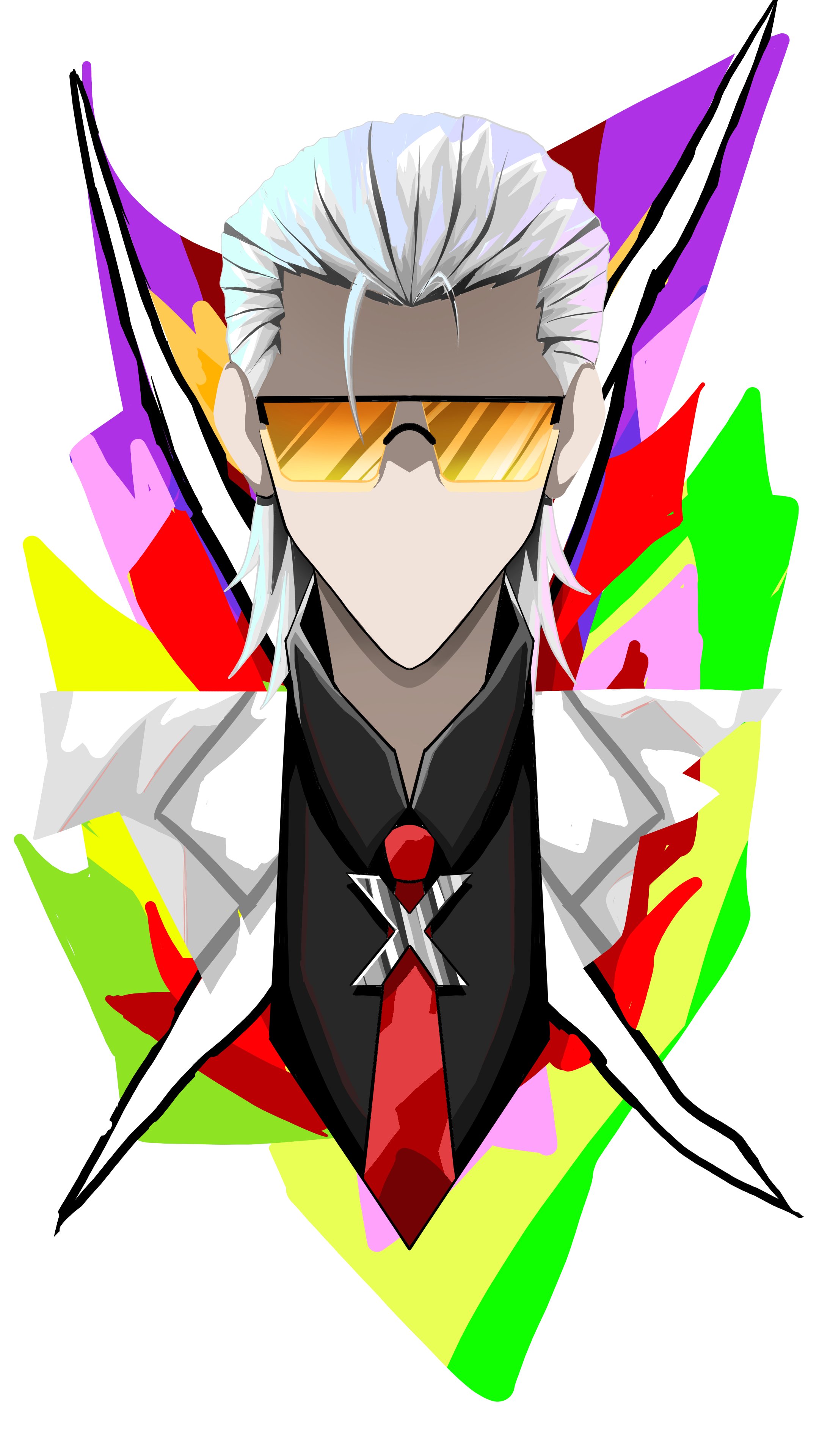 x (to be hero x), to be hero, to be hero x, absurdres, highres, 1boy, black shirt, coat, collared shirt, faceless, facing viewer, hair slicked back, hazefriz7, male focus, mullet, necktie, portrait, red necktie, saturated, shirt, solo, tinted eyewear, white coat, x (symbol), yellow-tinted eyewear