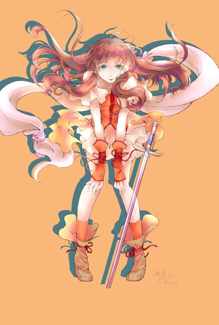 danannie, mist (fire emblem), mist (radiant dawn) (fire emblem), fire emblem, fire emblem: radiant dawn, nintendo, highres, brown hair, hair tubes, orange arm warmers, orange socks, orange vest, scarf, socks, staff, vest, white scarf