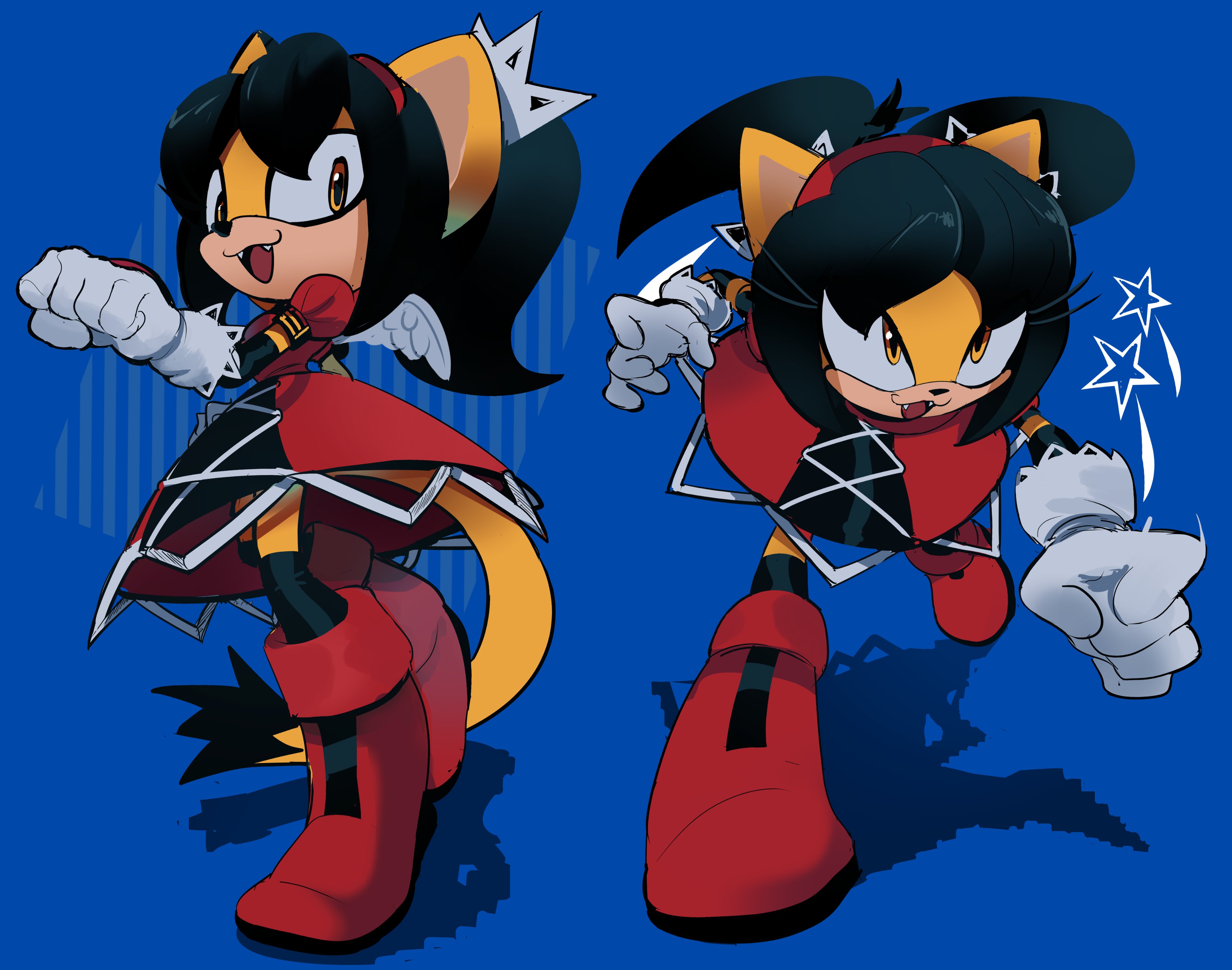 ben sadfleck, honey the cat, sonic (series), sonic the fighters, sonic the hedgehog (classic), absurdres, highres, 1girl, animal ears, black hair, blue background, boots, cat ears, cat tail, dress, fang, full body, gloves, open mouth, paw pose, punching, red boots, red dress, simple background, smile, tail, twintails, white gloves, wings, yellow eyes
