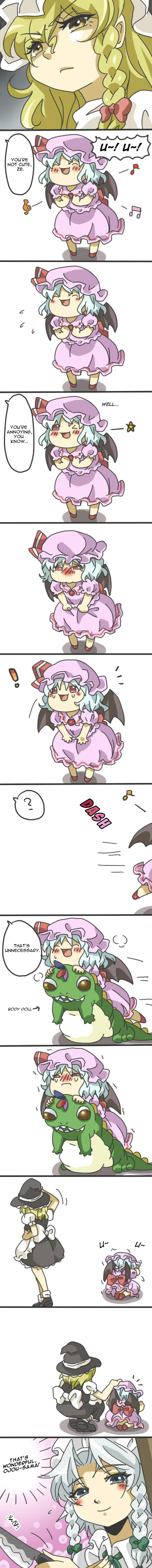 makako, makako (yume bouei shoujo tai), izayoi sakuya, kirisame marisa, remilia scarlet, touhou, absurdres, hard-translated, highres, long image, tall image, third-party edit, translated, 3girls, ?, blonde hair, comic, female focus, hat, knife, multiple girls, tears, throwing knife, weapon, wings, yukkuri shiteitte ne