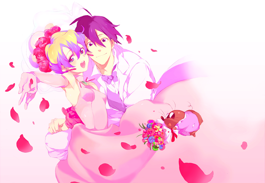 kazuko, boota (ttgl), nia teppelin, simon (ttgl), tengen toppa gurren lagann, 00s, 1boy, 1girl, boots, bouquet, bridal veil, bride, couple, dress, earrings, flower, gloves, happy, hetero, jewelry, petals, rose, smile, tuxedo, veil, wedding, wedding dress