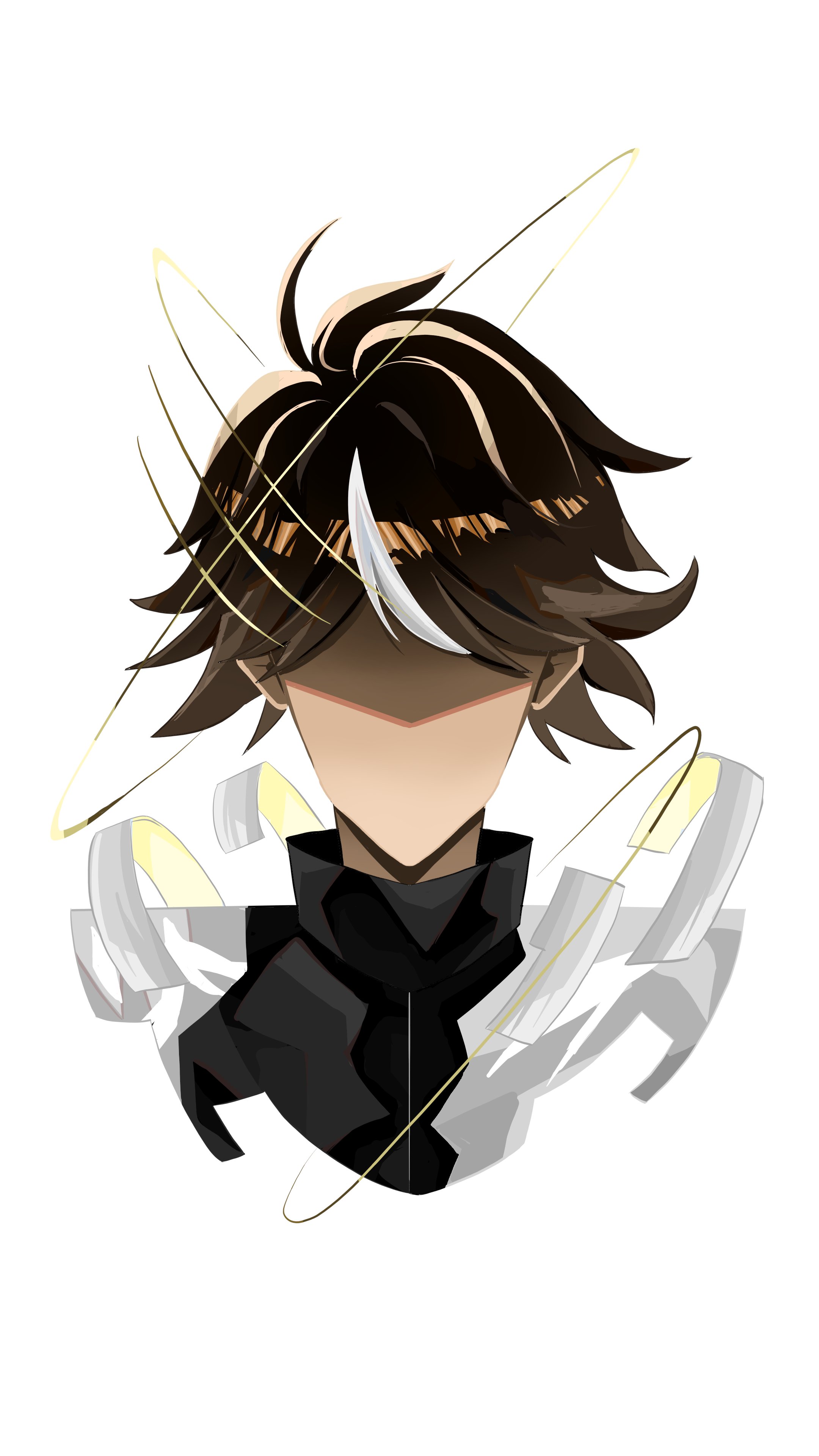 lin ling (to be hero x), to be hero, to be hero x, absurdres, highres, 1boy, ahoge, black shirt, brown hair, coat, faceless, facing viewer, hazefriz7, male focus, portrait, shirt, short hair, single hair streak, solo, white coat