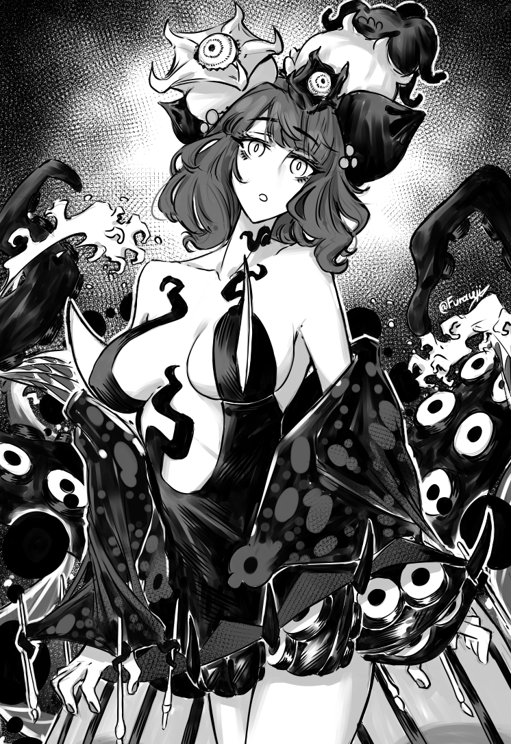 furauji, katsushika hokusai (fate), katsushika hokusai (third ascension) (fate), fate/grand order, fate (series), commentary, english commentary, 1girl, artist name, bare shoulders, breasts, flower, greyscale, hair flower, hair ornament, looking at viewer, medium breasts, monochrome, open mouth, short hair, solo, twitter username, water