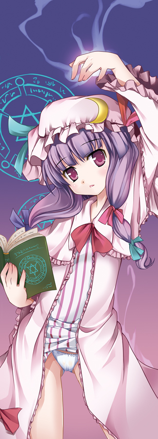tomusooya, patchouli knowledge, touhou, photoshop (medium), 1girl, book, cameltoe, clothes lift, crescent, crescent hat ornament, dress, female focus, gradient background, hair ribbon, hat, hat ornament, long hair, magic circle, panties, purple eyes, purple hair, ribbon, skirt, skirt lift, solo, underwear, white panties