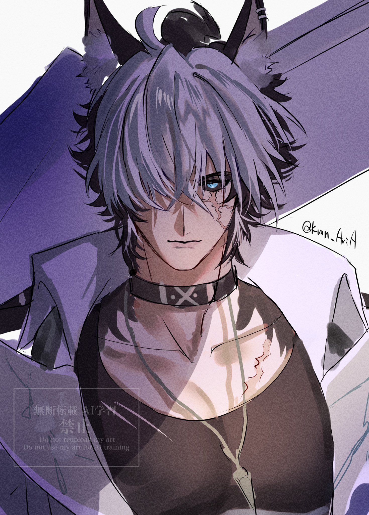 komano manato, zenless zone zero, highres, 1boy, animal ears, black hair, blue eyes, dog boy, dog ears, jacket, jewelry, komano manato (white heart silhouette), male focus, multicolored hair, muscular, muscular male, necklace, scar, scar across eye, scar on face, shirt, short hair, white hair