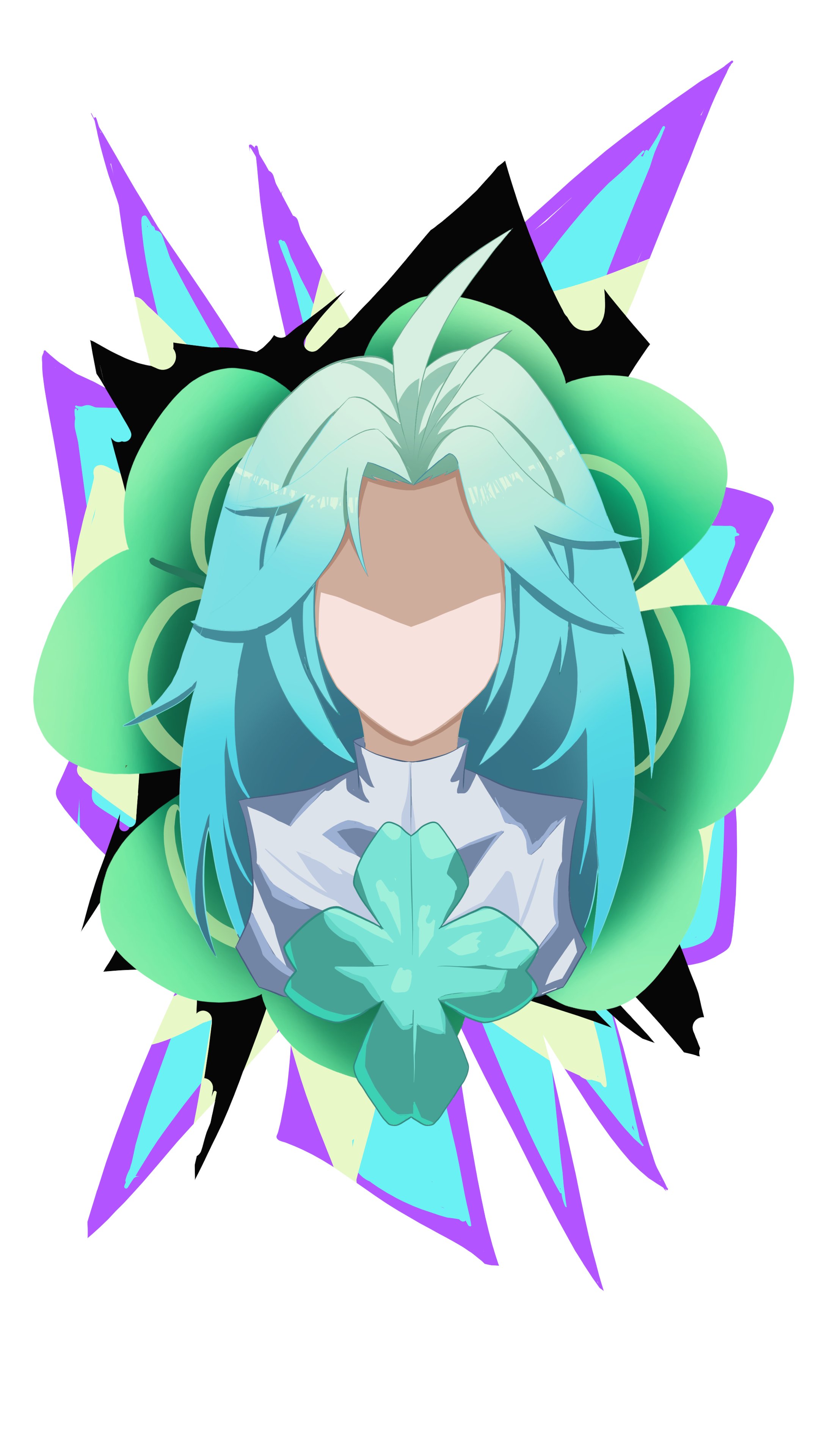 lucky cyan (to be hero x), to be hero, to be hero x, absurdres, highres, 1girl, ahoge, blue hair, clover, clover print, faceless, facing viewer, hazefriz7, long hair, portrait, shirt, sidelocks, solo, white shirt