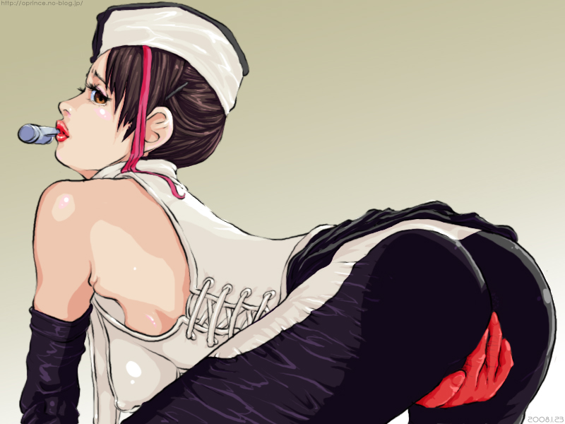 akiyama rina, oprince, kamen rider den-o, naomi (kamen rider den-o), kamen rider, kamen rider den-o (series), 1girl, ass, black hair, breasts, brown eyes, corset, female focus, fingering, gloves, hair ornament, hairpin, hat, latex, lipstick, makeup, multicolored hair, solo, streaked hair, whistle