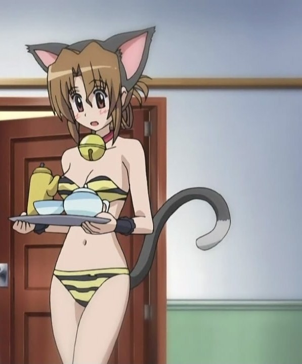 maria (hayate no gotoku!), hayate no gotoku!, anime screenshot, 00s, 1girl, animal ears, bell, bikini, brown hair, cat ears, cat tail, collar, fake ears, female focus, folded ponytail, long hair, neck bell, ponytail, solo, swimsuit, tail, tea set, yellow bikini