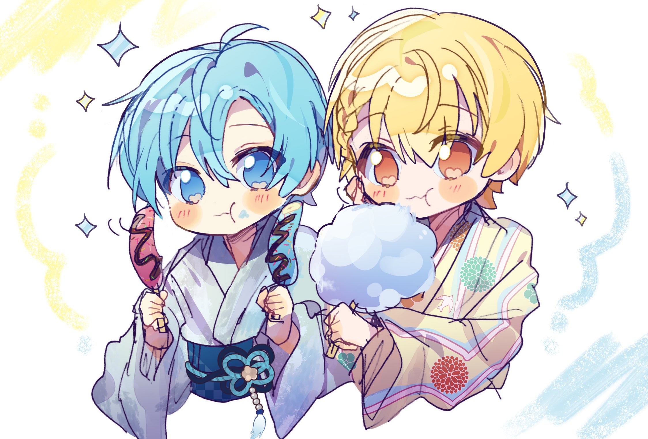 colon (stpri), root (stpri), strawberry prince, commentary, highres, symbol-only commentary, 2boys, :t, blonde hair, blue hair, blue kimono, blush stickers, braid, cotton candy, eating, food, hair between eyes, holding, holding cotton candy, holding food, japanese clothes, kimono, looking at food, male focus, multiple boys, orange eyes, parted bangs, pitupituta, side braid, single braid, sketch, upper body, yellow kimono, yukata