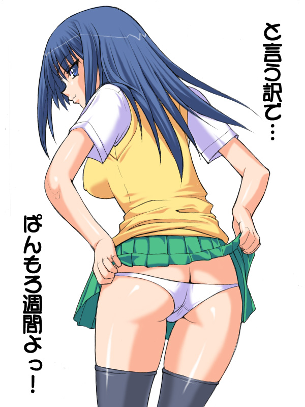 shichimenchou, kurusugawa ayaka, to heart, to heart (series), 1girl, ass, back, blue eyes, blue hair, clothes lift, female focus, long hair, looking back, lowleg, lowleg panties, panties, presenting, seductive smile, simple background, skirt, skirt lift, smile, smug, solo, thighhighs, underwear, white background, zettai ryouiki