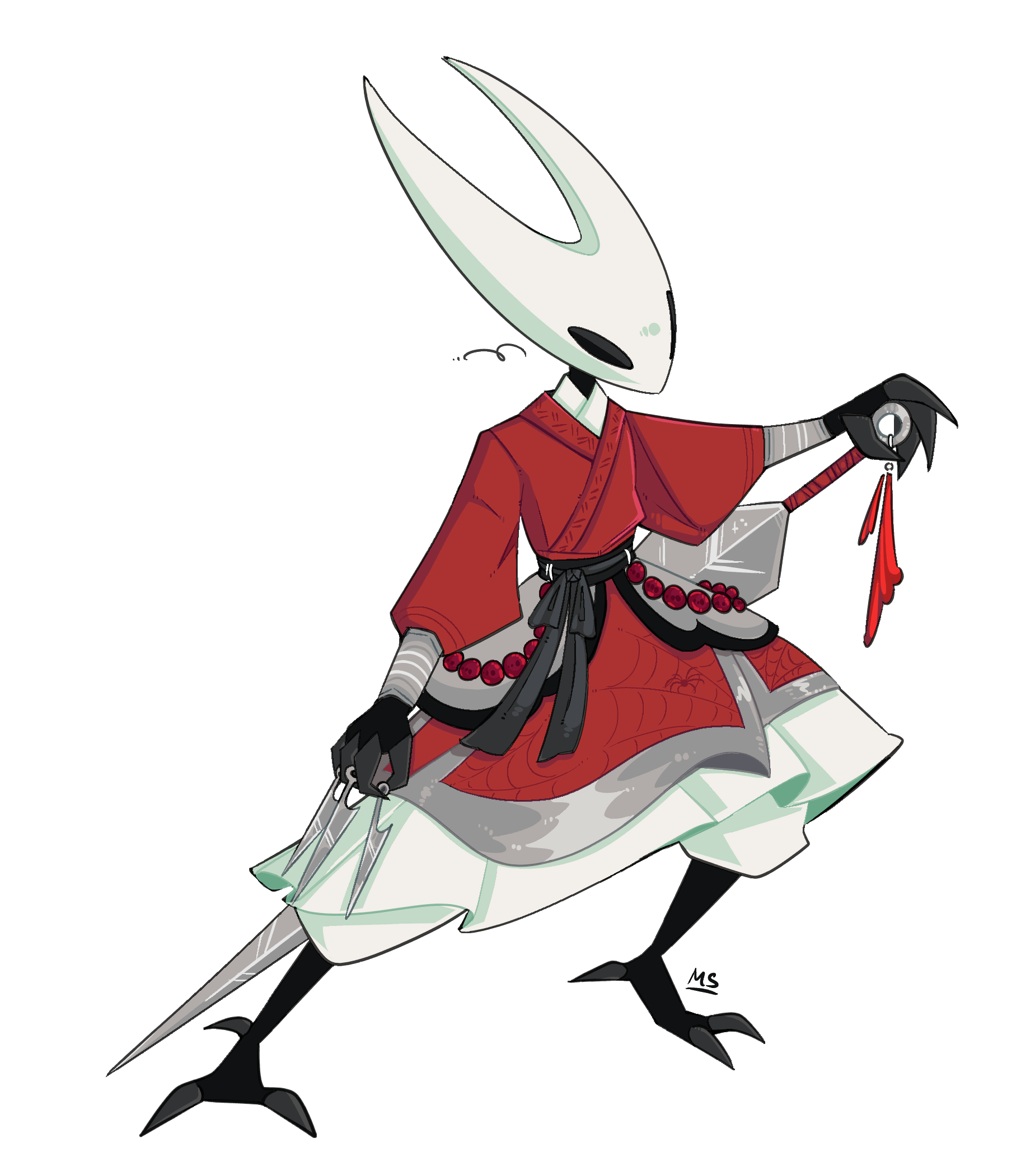hornet (hollow knight), hollow knight, hollow knight: silksong, clothing request, commentary, english commentary, highres, 1girl, alternate costume, arthropod girl, between fingers, chinese clothes, full body, holding, holding knife, hollow eyes, horned mask, knife, knives between fingers, liu phrog, long sleeves, mask, needle (hollow knight), signature, simple background, solo, spider web print, throwing knife, tool (hollow knight), weapon, white background, white mask, wuxia