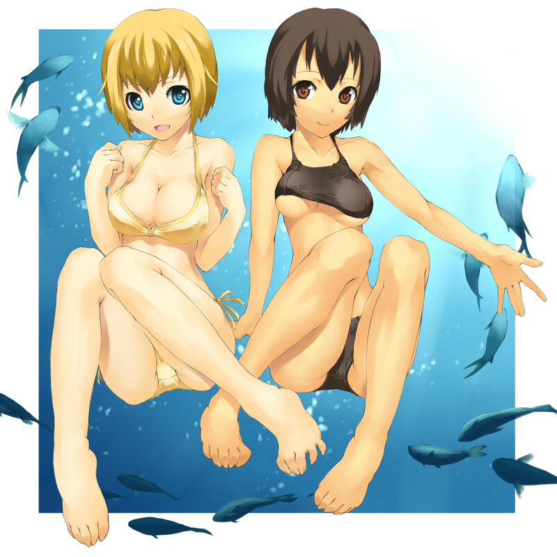 napori, bad id, 2girls, barefoot, bikini, blonde hair, blue eyes, breasts, brown eyes, brown hair, cleavage, feet, fish, large breasts, multiple girls, short hair, smile, swimsuit, toes, underboob, underwater, water