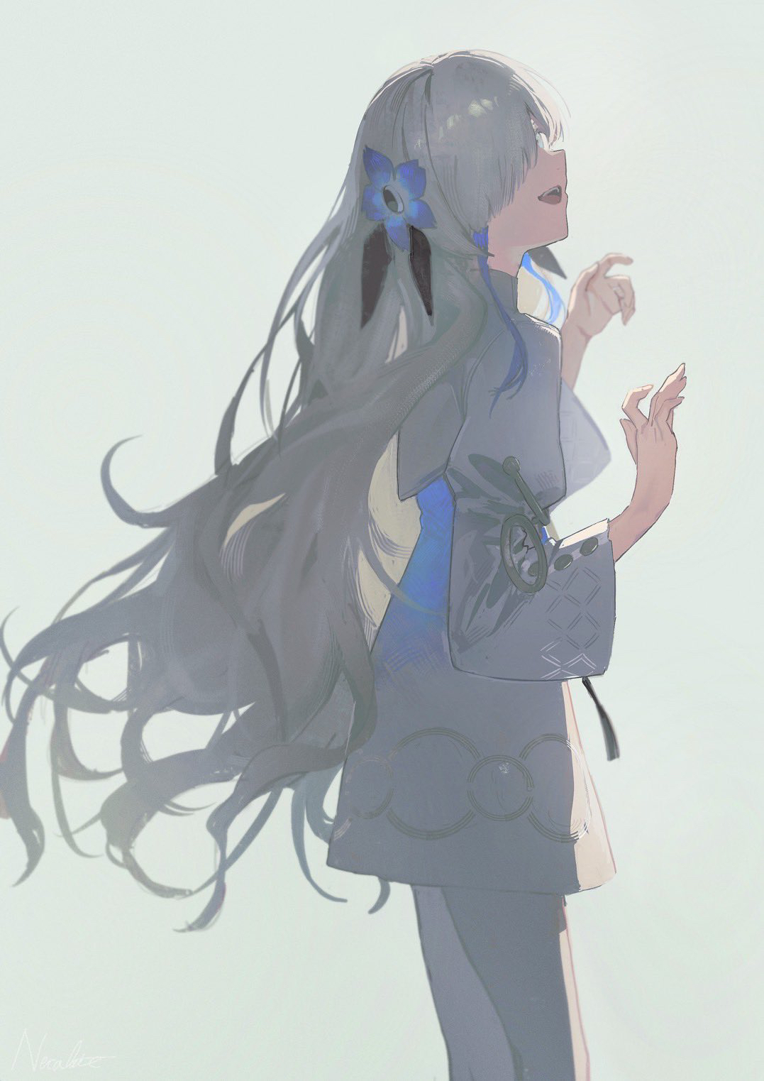 nekoreito, isekaijoucho, kamitsubaki studio, highres, 1girl, blue dress, blue flower, blue hair, dress, flower, grey background, grey eyes, grey hair, hair flower, hair ornament, hair over one eye, hands up, long hair, long sleeves, looking at viewer, multicolored hair, open mouth, pantyhose, sideways glance, simple background, smile, solo, two-tone dress, two-tone hair, very long hair, virtual youtuber, white dress, white pantyhose