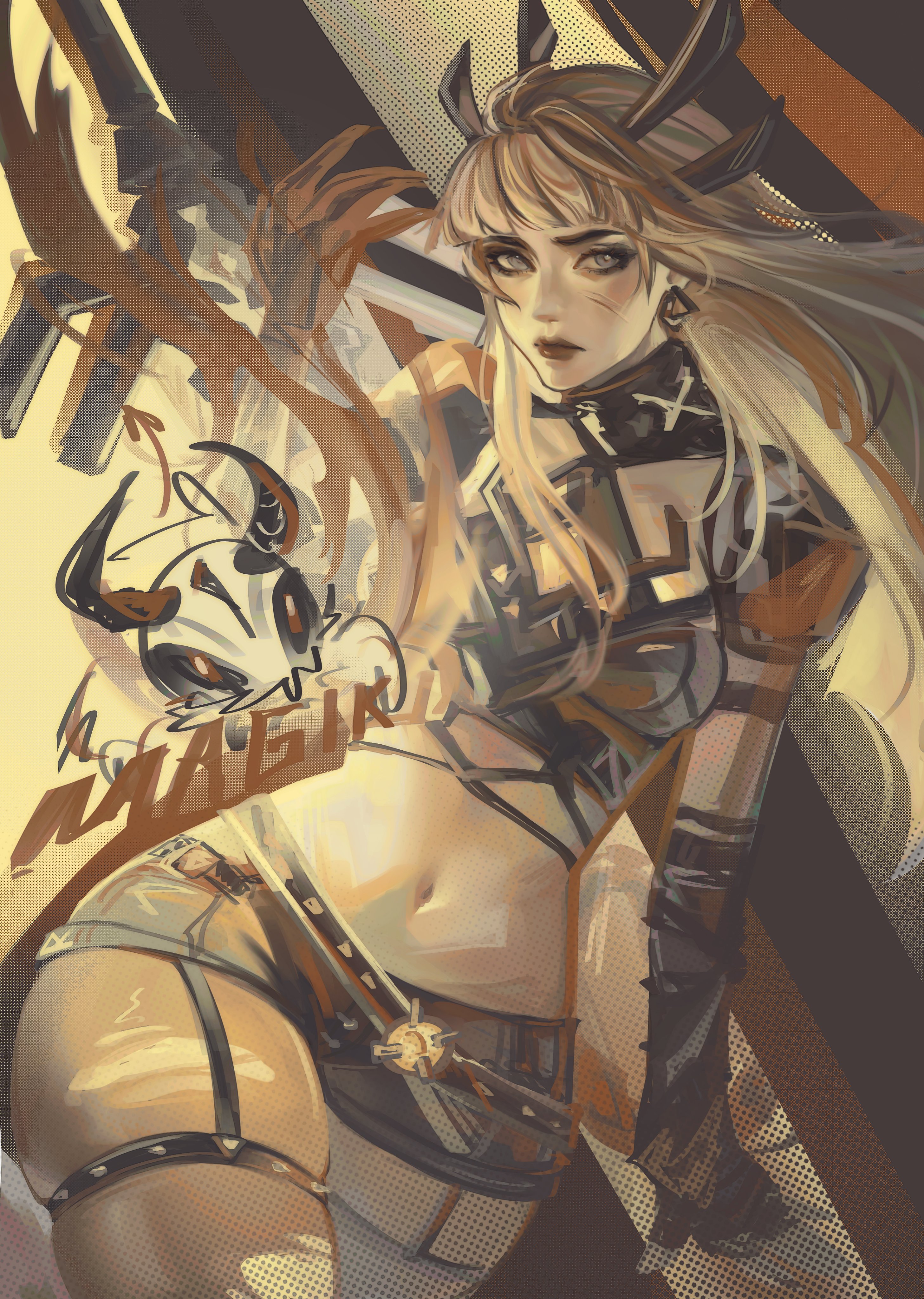 magik (x-men), marvel, marvel rivals, x-men, absurdres, highres, 1girl, armor, blonde hair, blue eyes, breasts, cleavage, cleavage cutout, clothing cutout, elizaaliorr, gloves, holding, holding sword, holding weapon, long hair, looking at viewer, navel, shorts, solo, sword, weapon