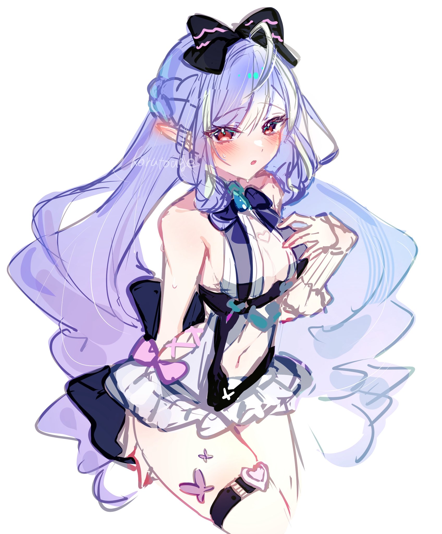 wzoarrylmovmuju, vivian banshee, zenless zone zero, highres, 1girl, bare shoulders, breasts, long hair, looking at viewer, medium breasts, mole, mole under eye, multicolored hair, navel, official alternate costume, pointy ears, purple hair, red eyes, solo, swimsuit, vivian banshee (iris of the shore)