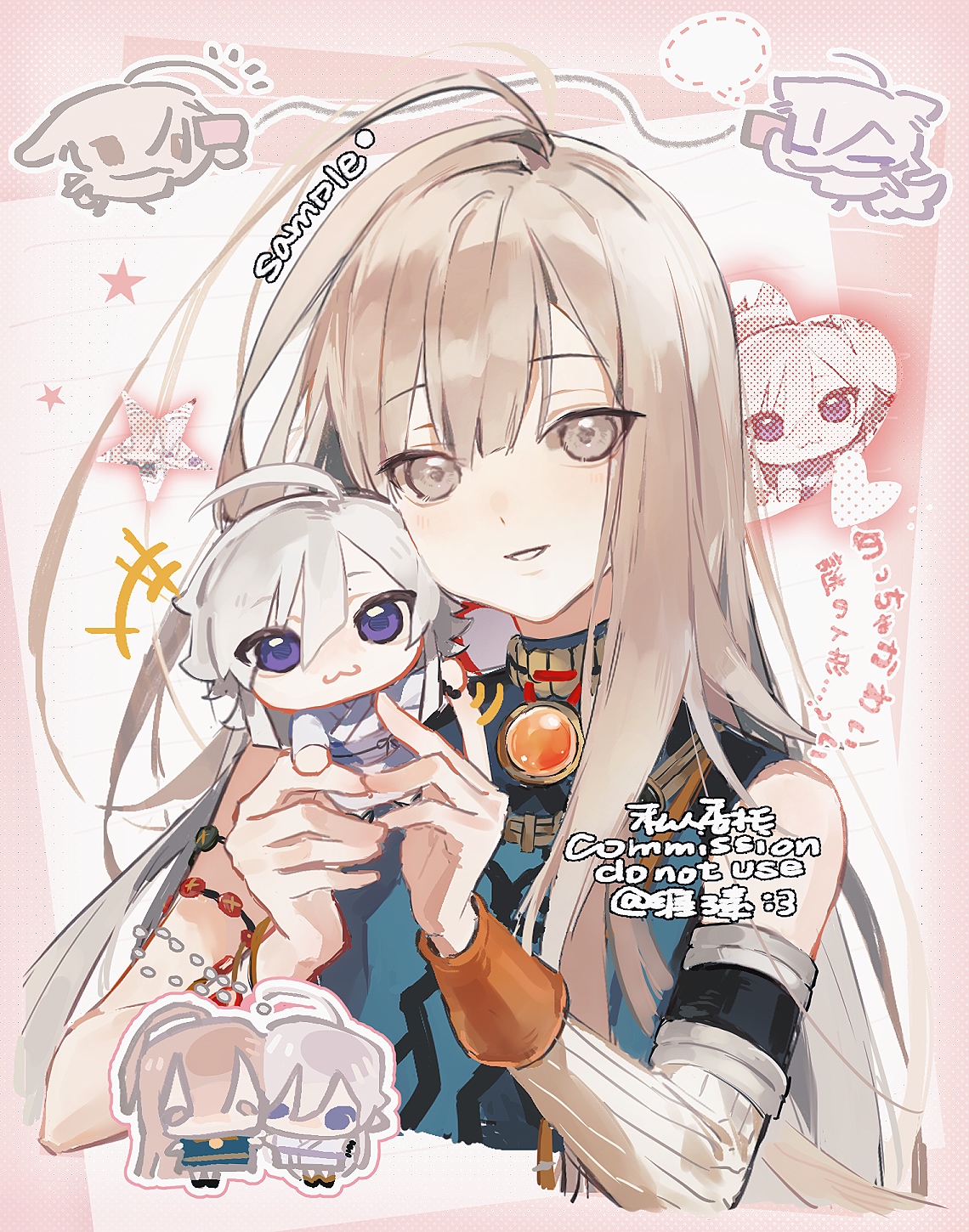 original, commission, highres, 1boy, 1girl, animal ears, brown eyes, brown hair, cat ears, chibi, krraaa2.0, long hair, purple hair, smile, white hair