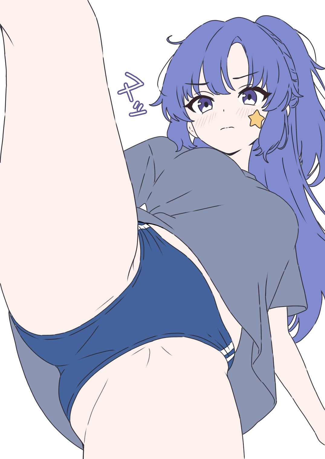 zzzzblue194725, yuuka (blue archive), yuuka (track) (blue archive), blue archive, highres, 1girl, ass, black shirt, blue buruma, blush, breasts, buruma, crotch, dot nose, from below, gym uniform, long hair, looking at viewer, medium breasts, official alternate costume, official alternate hairstyle, parted bangs, ponytail, purple eyes, purple hair, shirt, short sleeves, sidelocks, simple background, solo, star (symbol), star sticker, sticker, sticker on face, thighs, white background