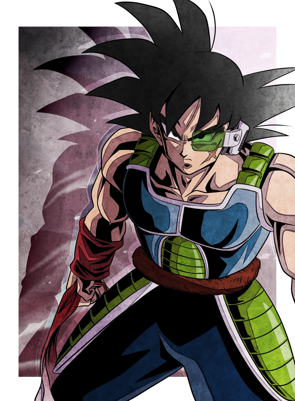 ushi (akabec0), bardock, dragon ball, dragonball z, commentary, highres, 1boy, armor, black hair, black pants, border, clenched hand, closed mouth, cowboy shot, cross scar, drop shadow, facial scar, looking at viewer, male focus, monkey tail, muscular, muscular male, outside border, pants, saiyan, saiyan armor, scar, scar on cheek, scar on face, scouter, solo, spiked hair, standing, tail, tail around own waist, white border