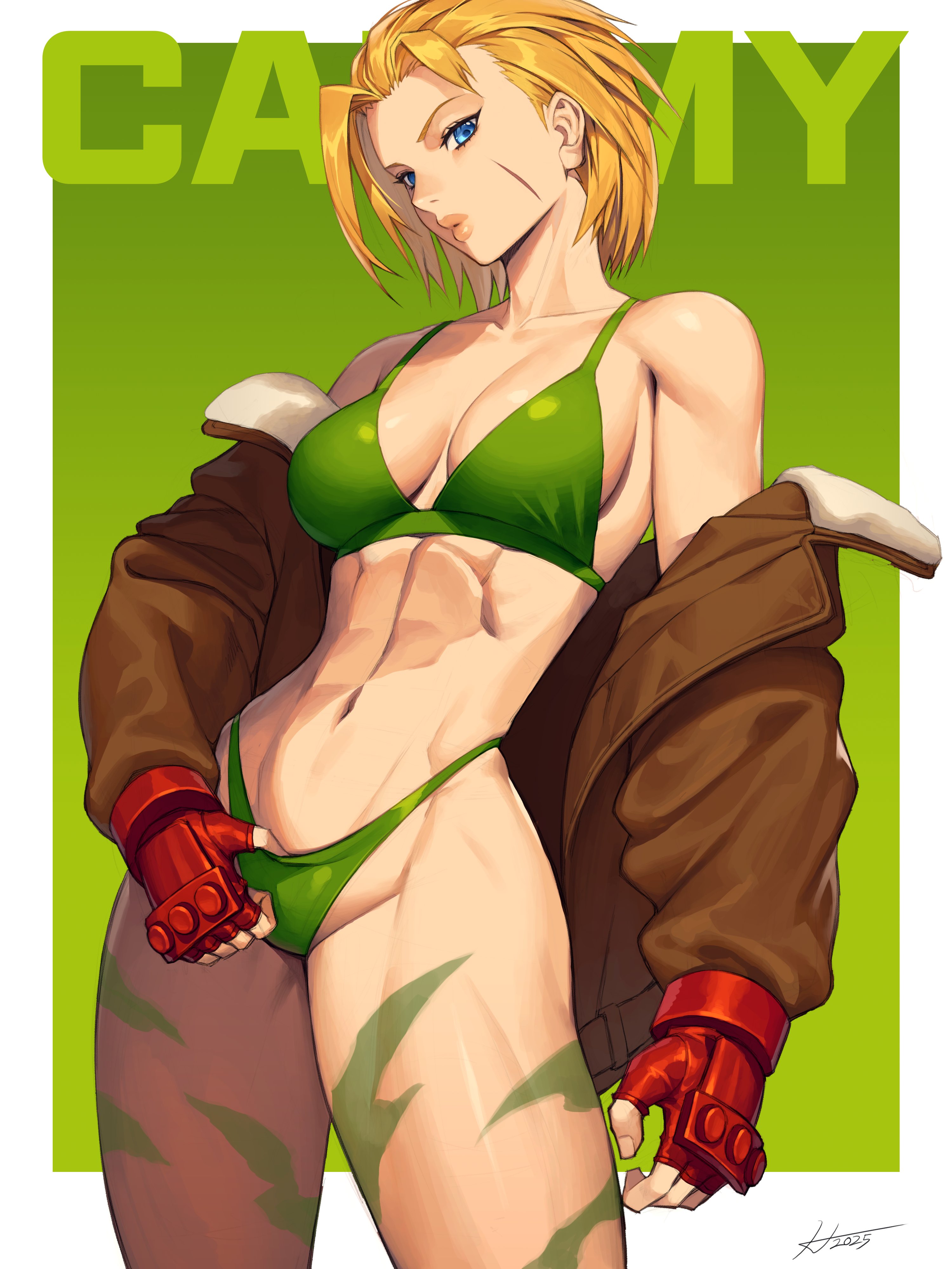 hichi, cammy white, street fighter, street fighter 6, absurdres, commentary, highres, 1girl, 2025, bare shoulders, bikini, blonde hair, blue eyes, bodypaint, border, breasts, brown jacket, character name, closed mouth, contrapposto, cowboy shot, facial scar, fingerless gloves, fur-trimmed jacket, fur trim, gloves, green background, green bikini, highleg, highleg bikini, jacket, large breasts, leather, leather jacket, long sleeves, looking at viewer, navel, off shoulder, open clothes, open jacket, outside border, puffy long sleeves, puffy sleeves, red gloves, scar, scar on cheek, scar on face, short hair, signature, solo, standing, swimsuit, toned, toned female, white border