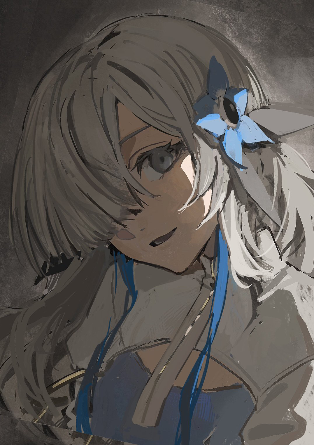nekoreito, isekaijoucho, kamitsubaki studio, highres, 1girl, dress, flat chest, flower, grey eyes, grey hair, hair flower, hair ornament, hair over one eye, long hair, looking at viewer, sketch, smile, solo, upper body