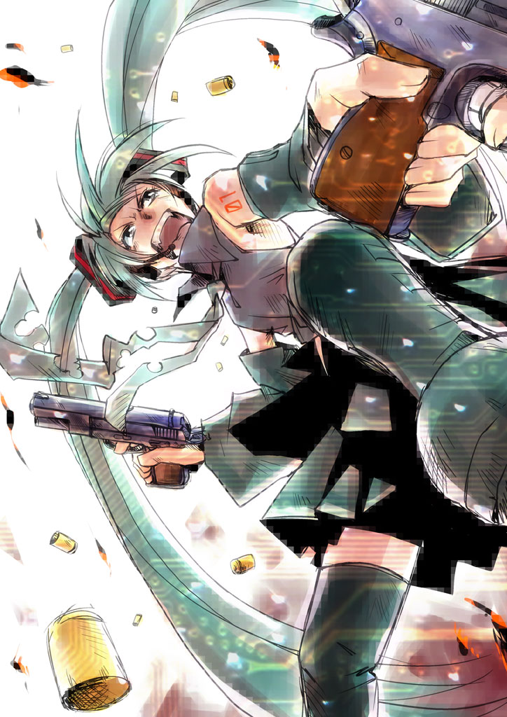 kamotama, hatsune miku, vocaloid, bad id, bad pixiv id, 1girl, bullet, detached sleeves, female focus, finger on trigger, green hair, gun, hair ribbon, handgun, headphones, long hair, microphone, necktie, ribbon, skirt, solo, thighhighs, twintails, very long hair, weapon, zettai ryouiki