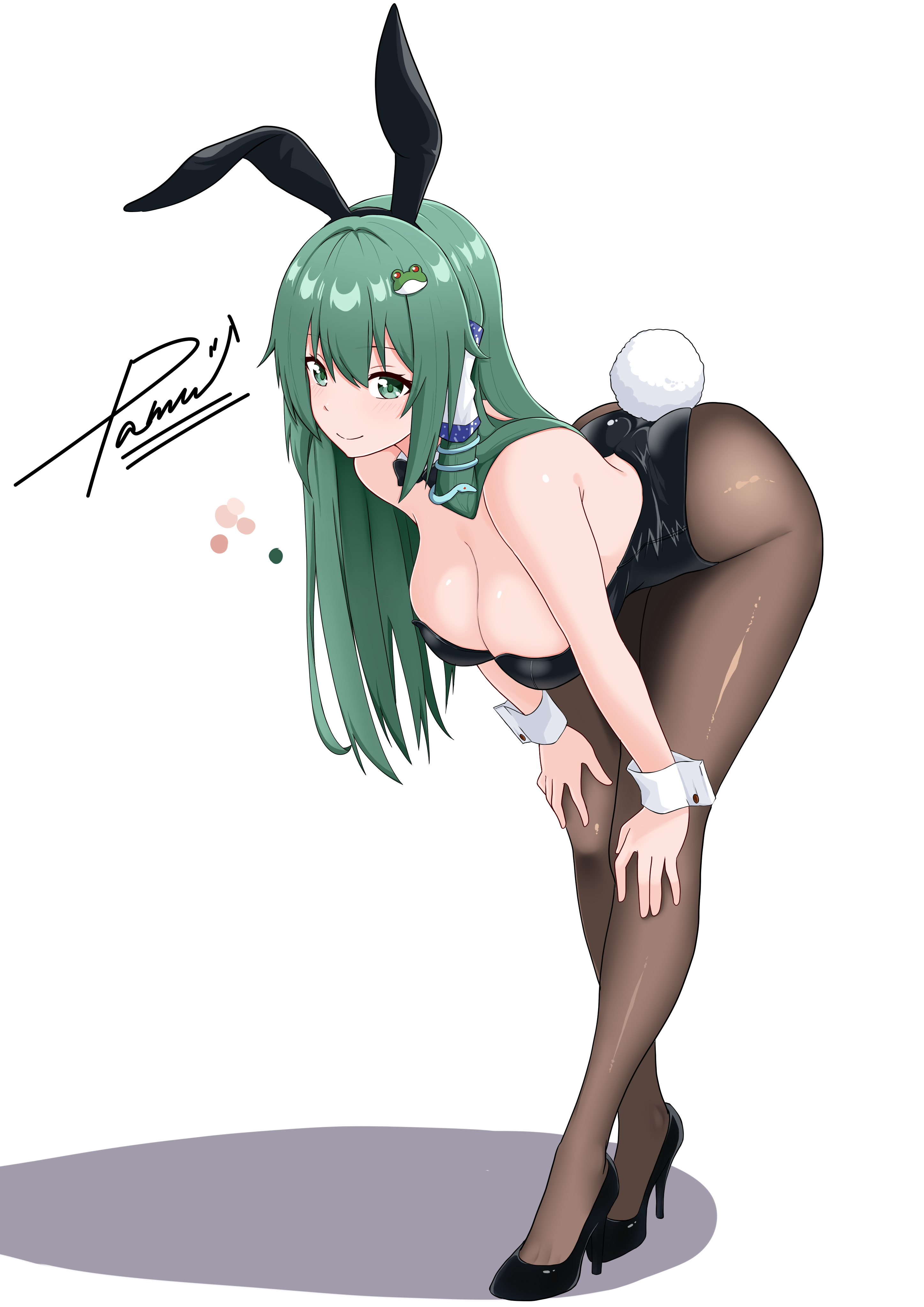 pamu art, kochiya sanae, touhou, absurdres, commentary request, highres, 1girl, animal ear hairband, animal ears, ass, bare shoulders, black leotard, black pantyhose, black shoes, blush, bow, bowtie, breasts, cleavage, covered navel, detached collar, detached sleeves, fake animal ears, fake tail, fishnet pantyhose, fishnets, full body, green eyes, green hair, hair ornament, hair tubes, hairband, highleg, highleg leotard, large breasts, leotard, long hair, looking at viewer, pantyhose, playboy bunny, rabbit ear hairband, rabbit ears, rabbit tail, shadow, shoes, signature, smile, snake hair ornament, solo, strapless, strapless leotard, tail, white background, white wrist cuffs, wrist cuffs